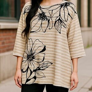 XL Alfred Dunner Embellished Cream with Black Floral Oversized Top 3/4 Sleeves